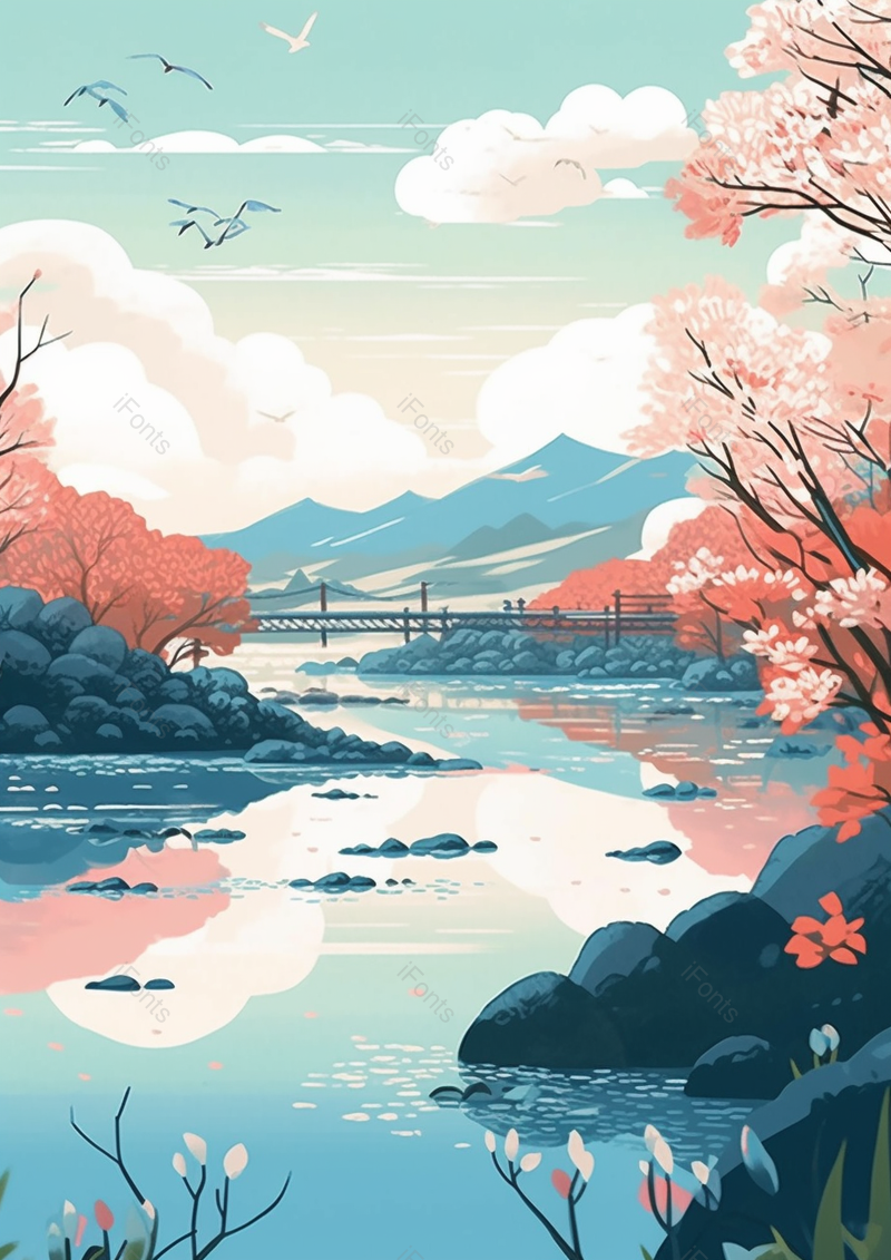 蓝色手绘风郊区户外河流桥梁背景,插画/手绘图,插画/手绘图库,插画/手绘图下载,插画/手绘